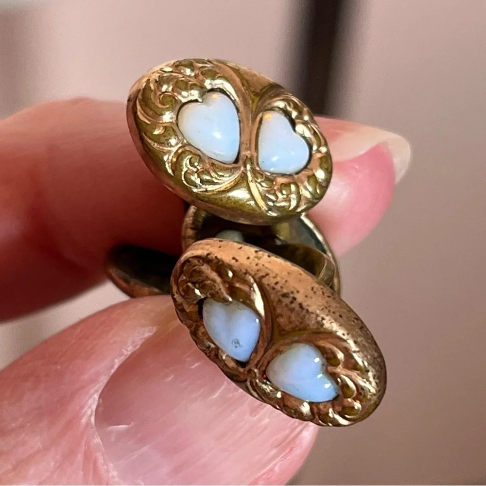 Antique Victorian Rolled Rose Gold Art deco double Opal Heart Cuff links